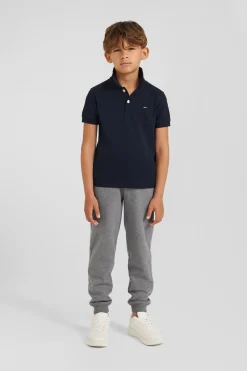 Regular navy blue short-sleeved cotton piqué polo shirt with jacquard collar
