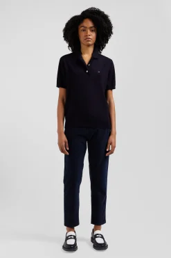 Regular navy blue short-sleeved wool polo neck jumper