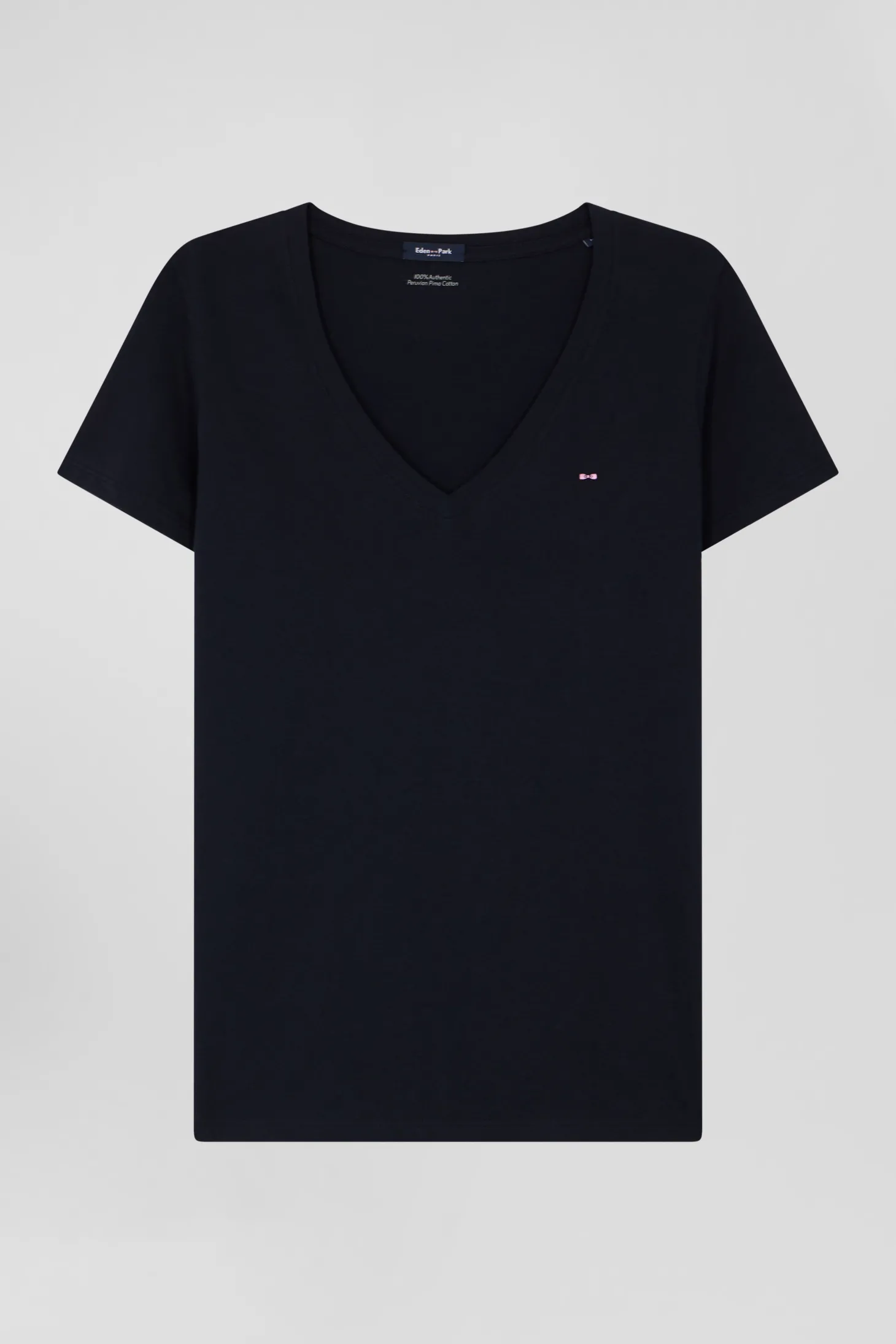 Regular navy blue short-sleeved V-neck cotton T-shirt