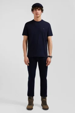 Regular navy blue short-sleeved cotton T-shirt with back patch