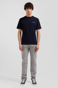 Regular navy blue short-sleeved cotton T-shirt with tie patchwork emblem