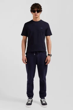 Regular navy blue short-sleeved cotton T-shirt with back embroidery