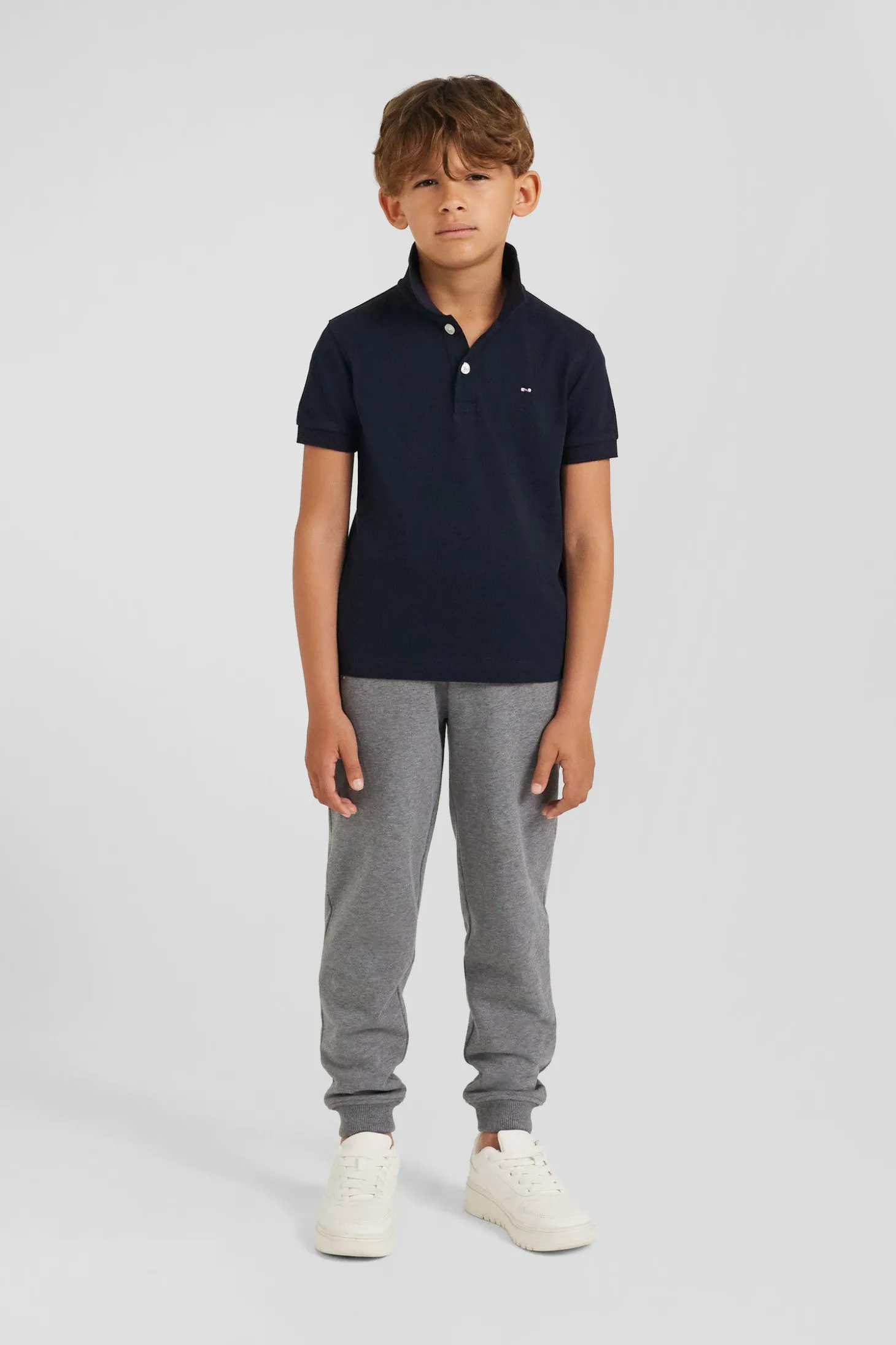 Regular navy blue short-sleeved cotton piqué polo shirt with jacquard collar