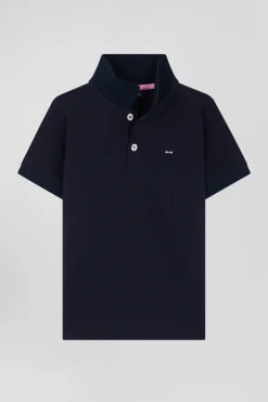 Regular navy blue short-sleeved cotton piqué polo shirt with back bow tie embroidery