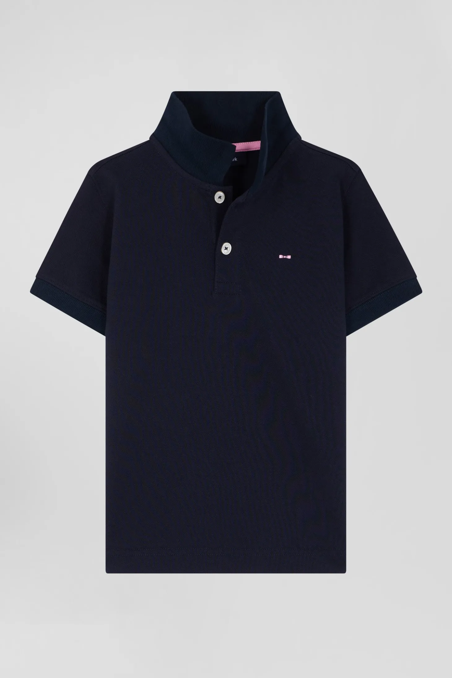 Regular navy blue short-sleeved cotton piqué polo shirt with back bow tie embroidery