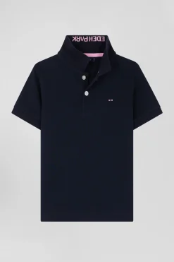 Regular navy blue short-sleeved cotton piqué polo shirt with jacquard collar