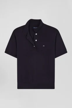 Regular navy blue short-sleeved wool polo neck jumper
