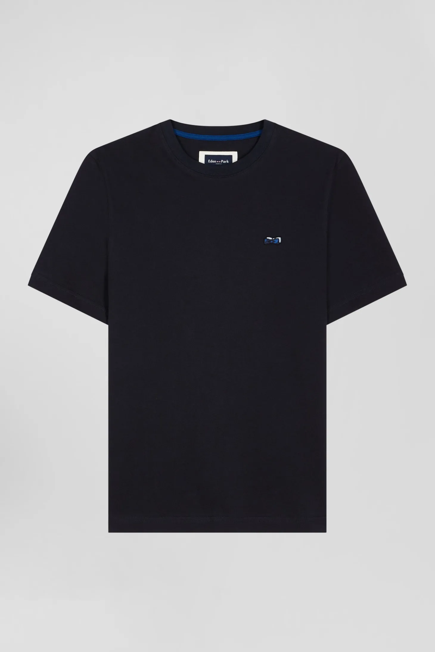 Regular navy blue short-sleeved cotton T-shirt with back embroidery