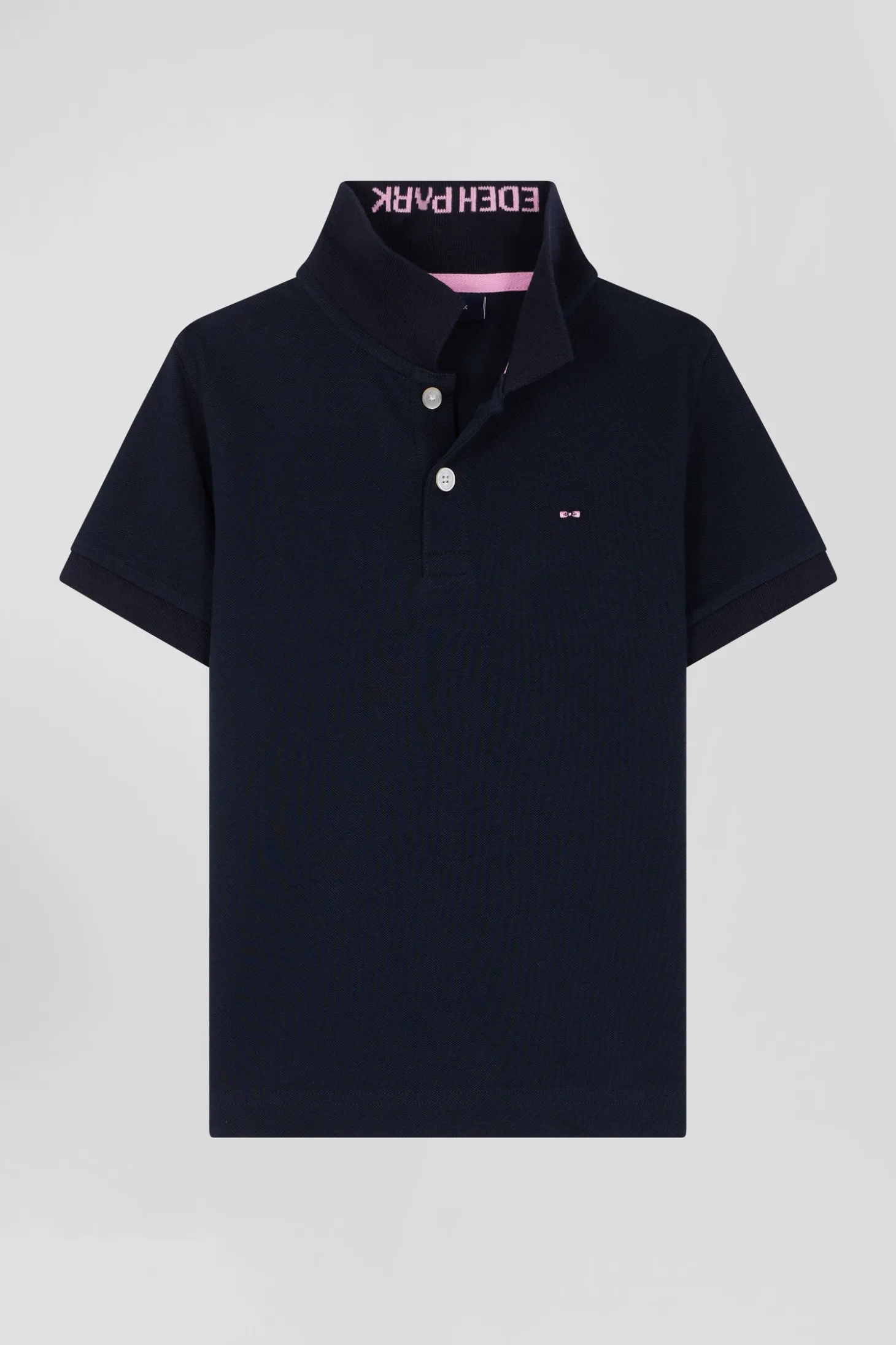 Regular navy blue short-sleeved cotton piqué polo shirt with jacquard collar
