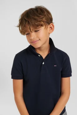 Regular navy blue short-sleeved cotton piqué polo shirt with jacquard collar