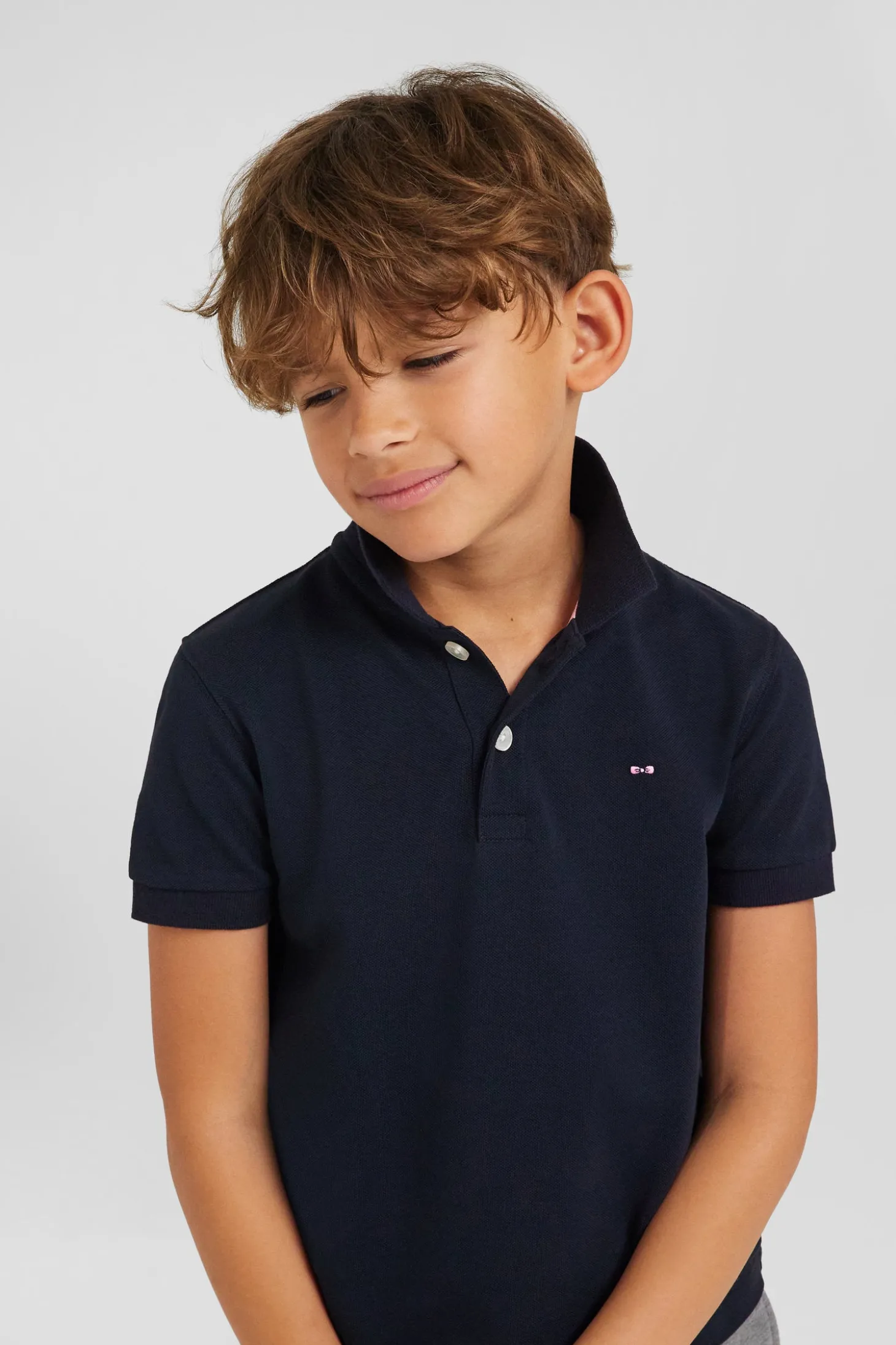 Regular navy blue short-sleeved cotton piqué polo shirt with jacquard collar