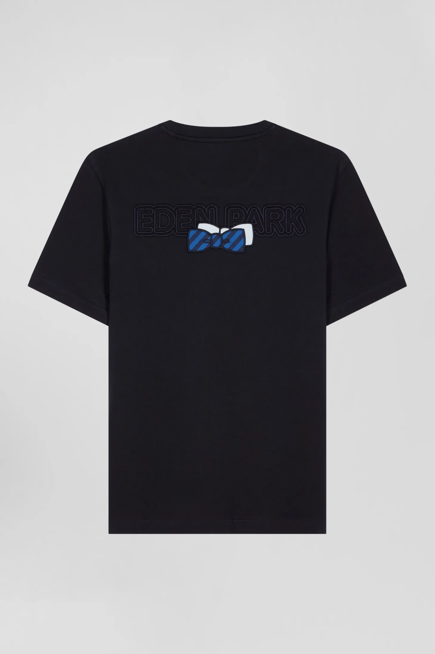 Regular navy blue short-sleeved cotton T-shirt with back embroidery