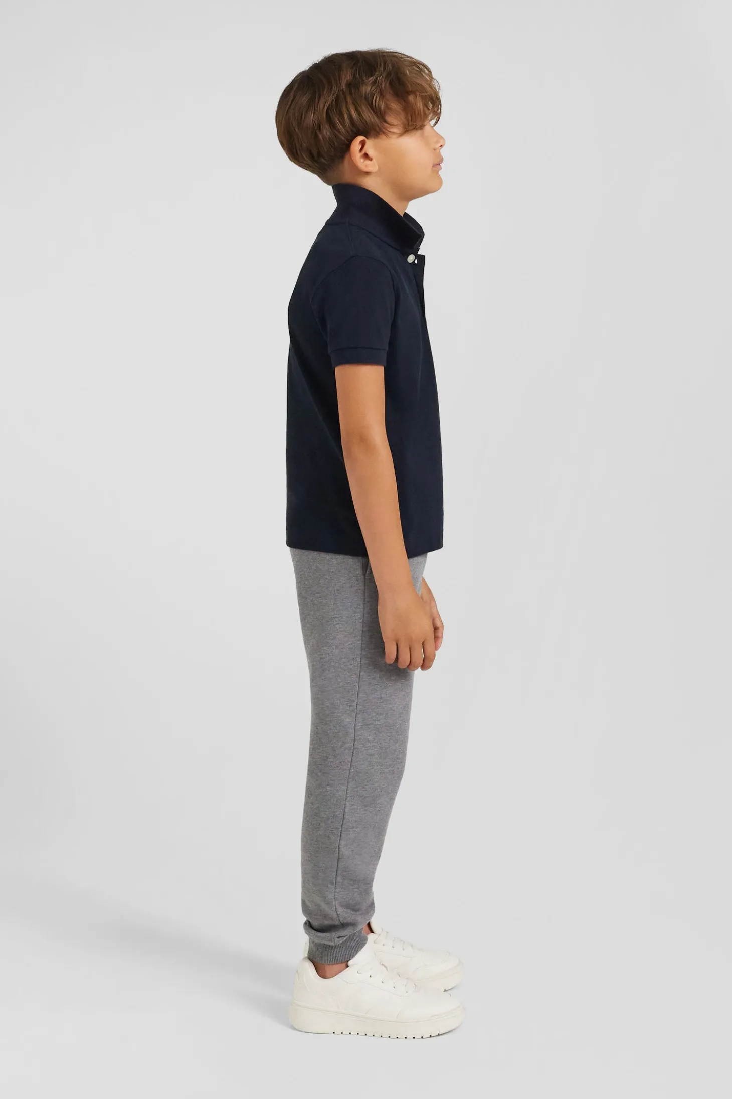 Regular navy blue short-sleeved cotton piqué polo shirt with jacquard collar