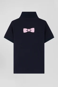 Regular navy blue short-sleeved cotton piqué polo shirt with back bow tie embroidery