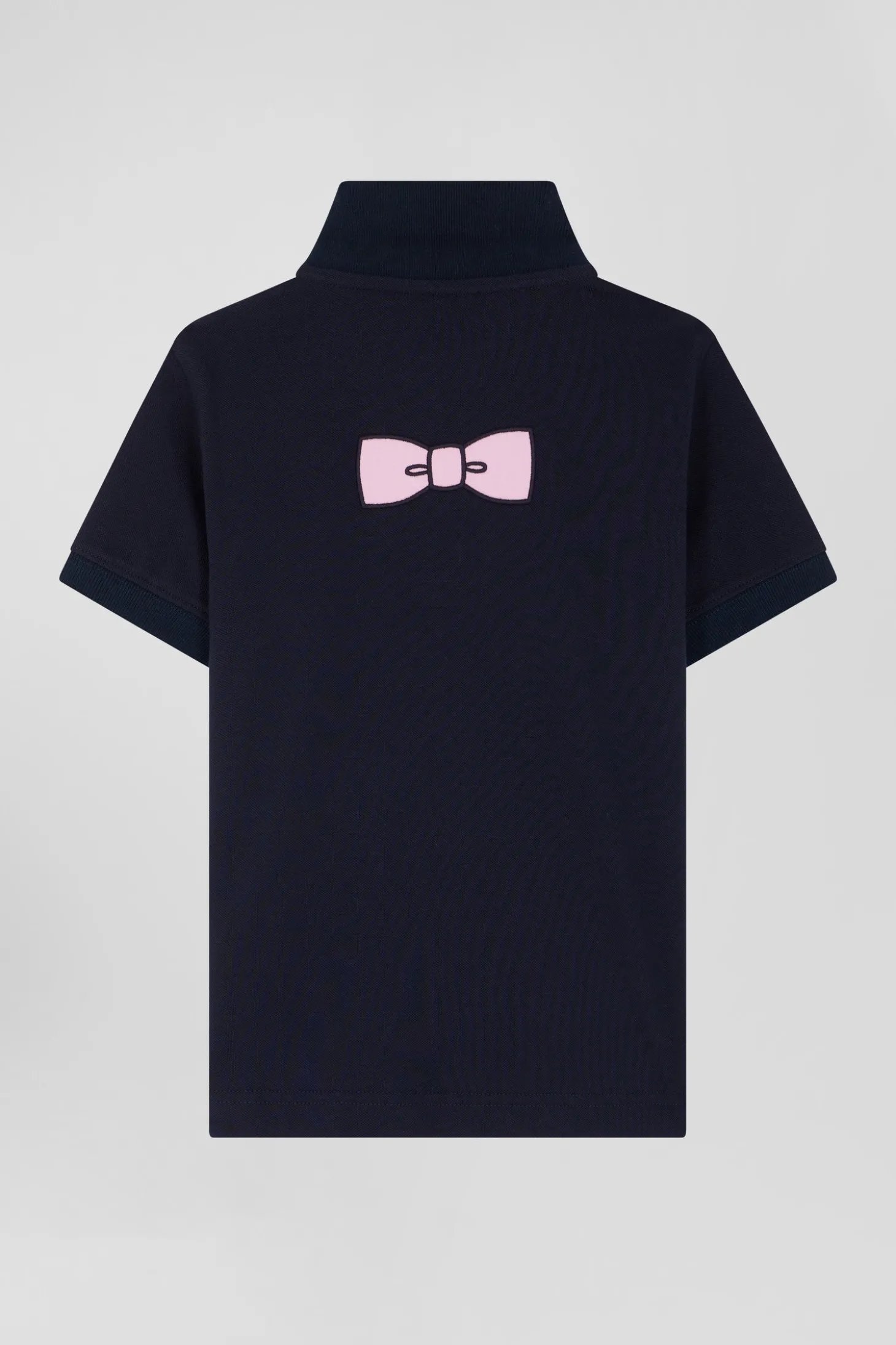 Regular navy blue short-sleeved cotton piqué polo shirt with back bow tie embroidery