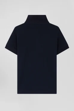 Regular navy blue short-sleeved cotton piqué polo shirt with jacquard collar