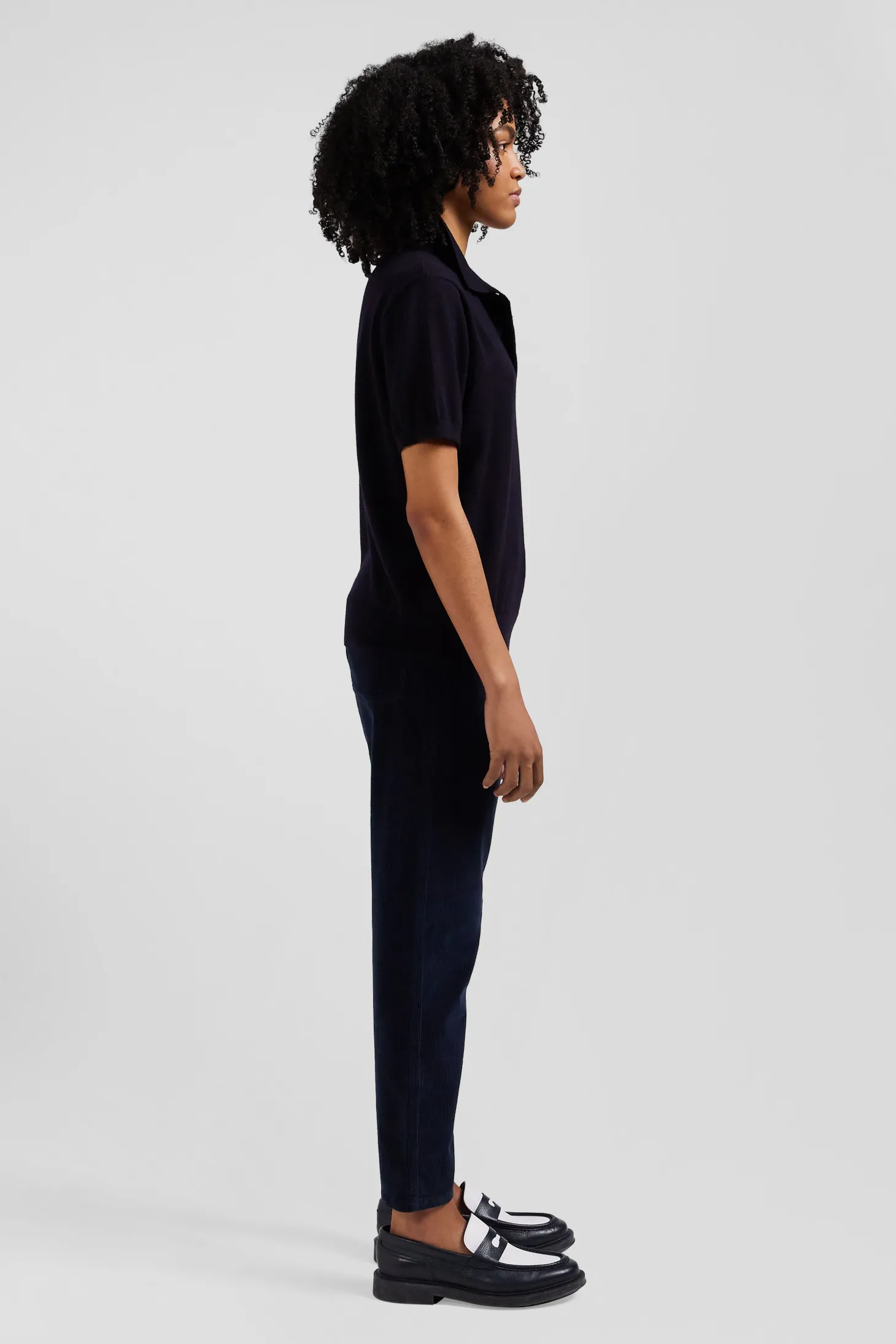 Regular navy blue short-sleeved wool polo neck jumper