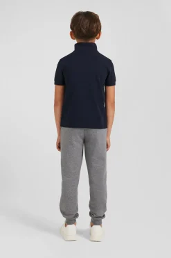 Regular navy blue short-sleeved cotton piqué polo shirt with jacquard collar