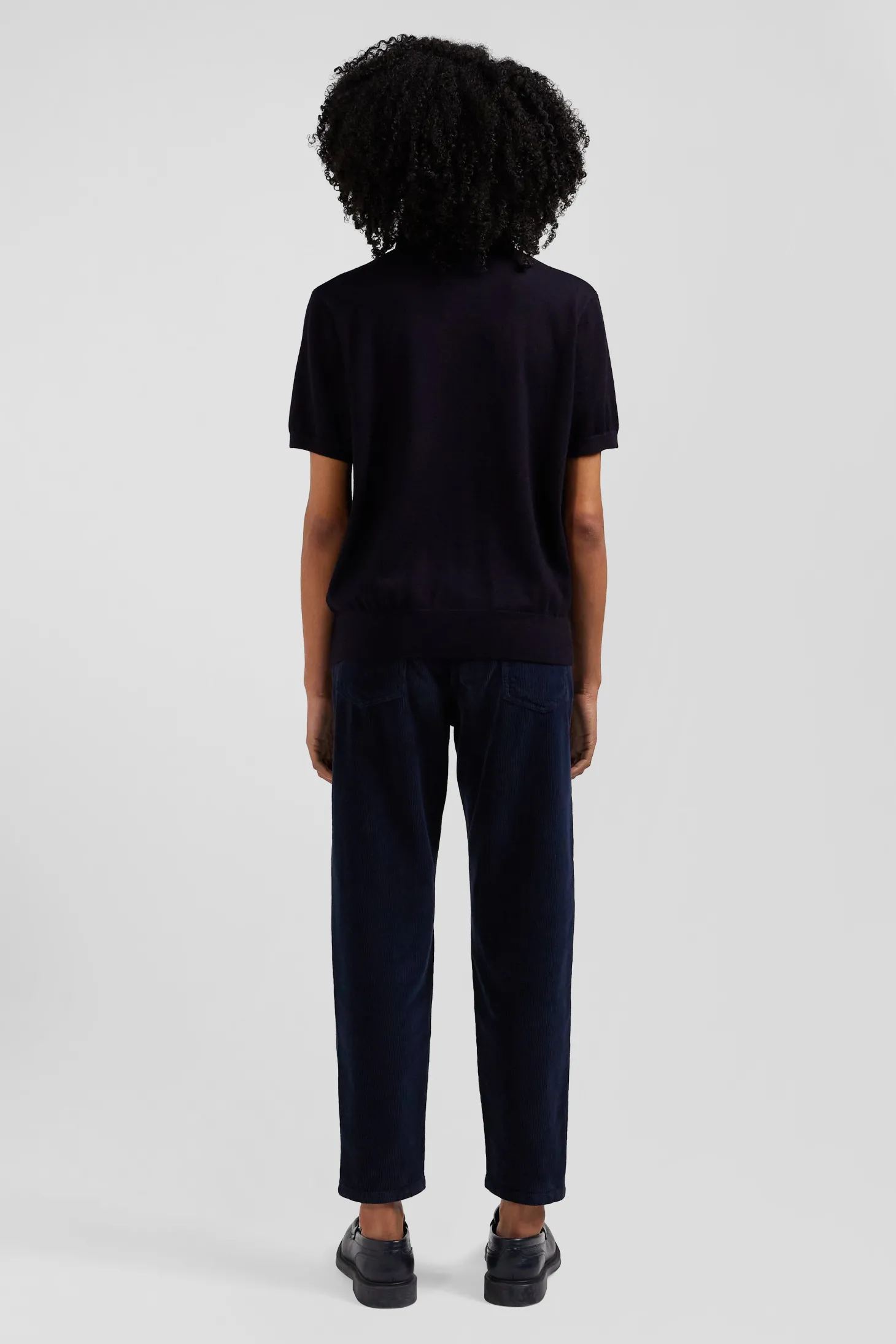 Regular navy blue short-sleeved wool polo neck jumper
