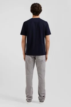 Regular navy blue short-sleeved cotton T-shirt with tie patchwork emblem
