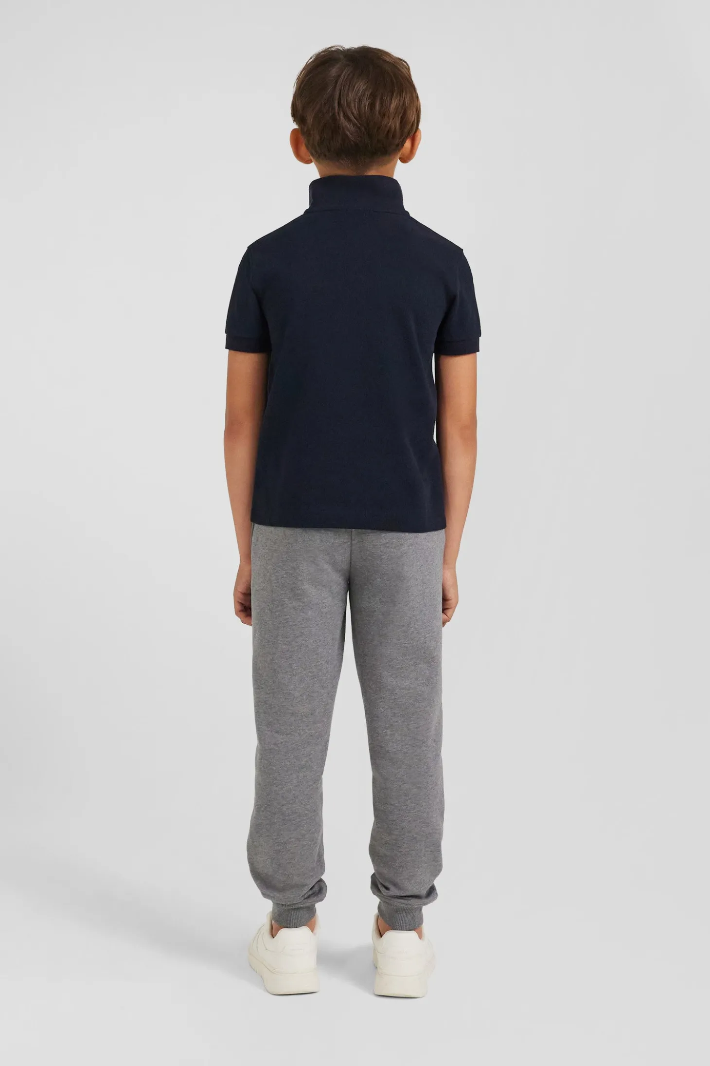 Regular navy blue short-sleeved cotton piqué polo shirt with jacquard collar
