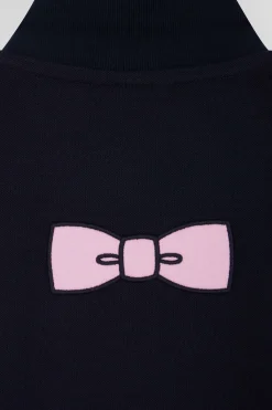 Regular navy blue short-sleeved cotton piqué polo shirt with back bow tie embroidery