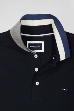 Regular navy blue short-sleeved cotton piqué polo shirt with Eden Park jacquard collar