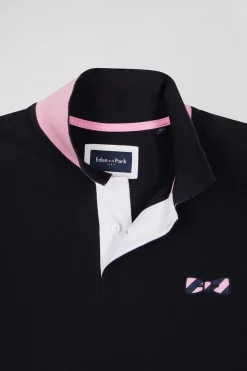 Regular navy blue short-sleeved cotton piqué polo shirt with striped embroidery