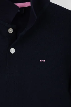 Regular navy blue short-sleeved cotton piqué polo shirt with jacquard collar