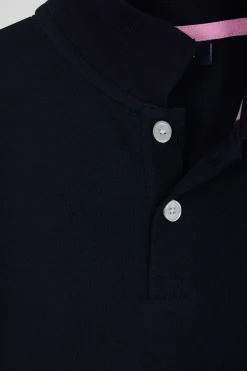Regular navy blue short-sleeved cotton piqué polo shirt with jacquard collar