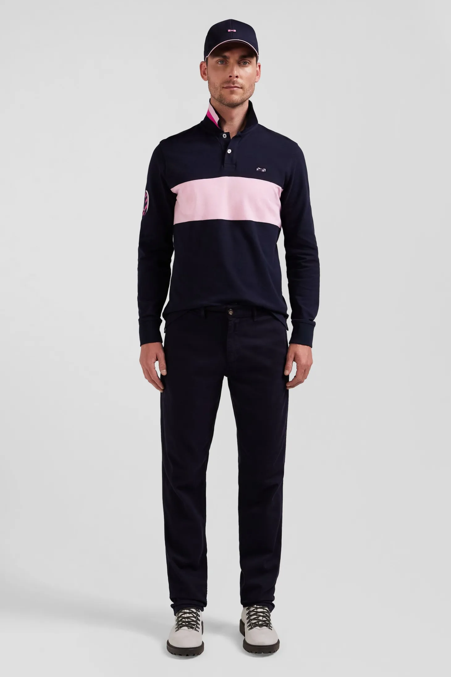Regular navy blue stretch cotton piqué and modal chino trousers