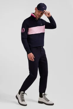 Regular navy blue stretch cotton piqué and modal chino trousers