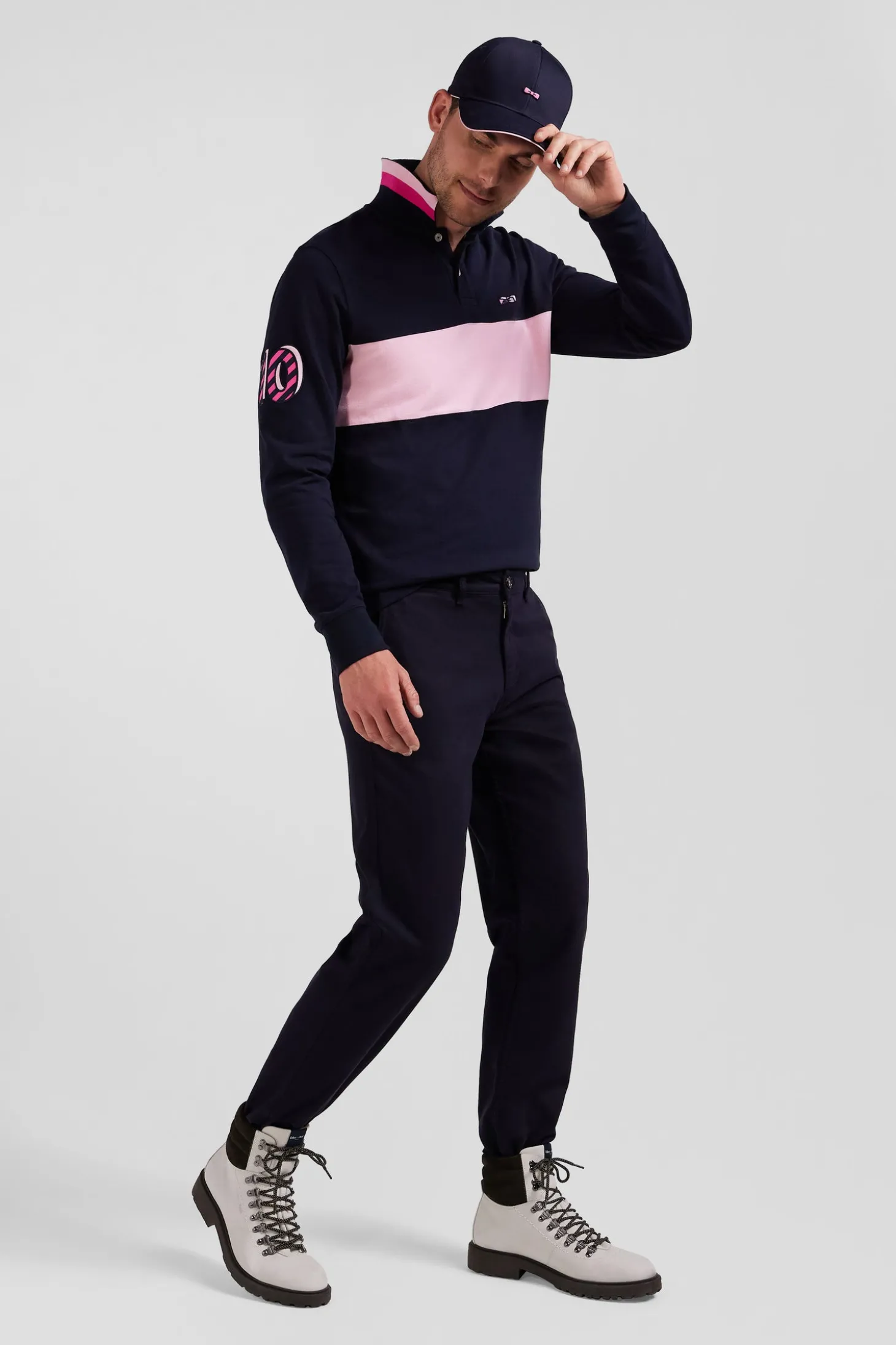 Regular navy blue stretch cotton piqué and modal chino trousers