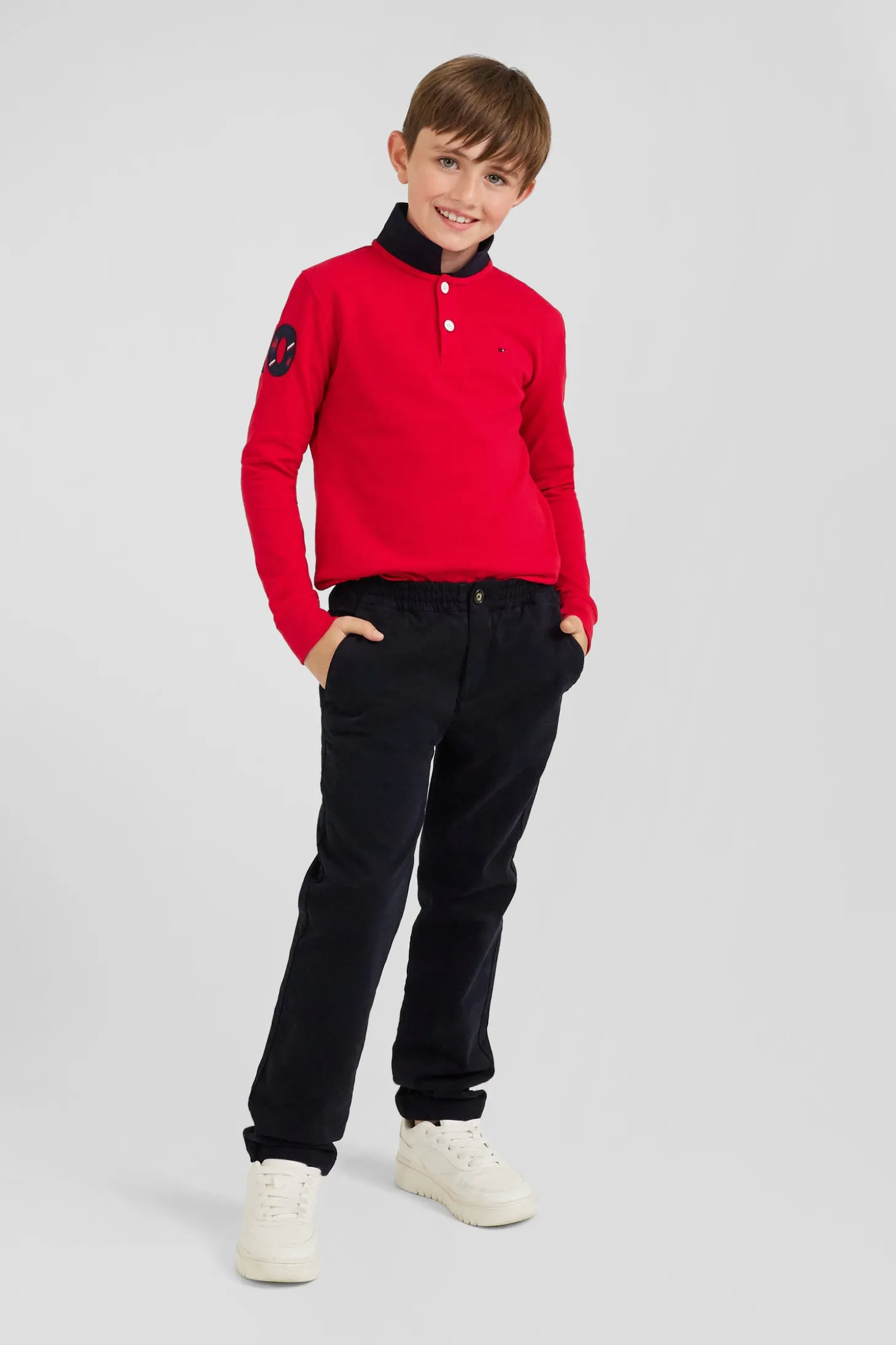 Regular navy blue stretch cotton chino trousers