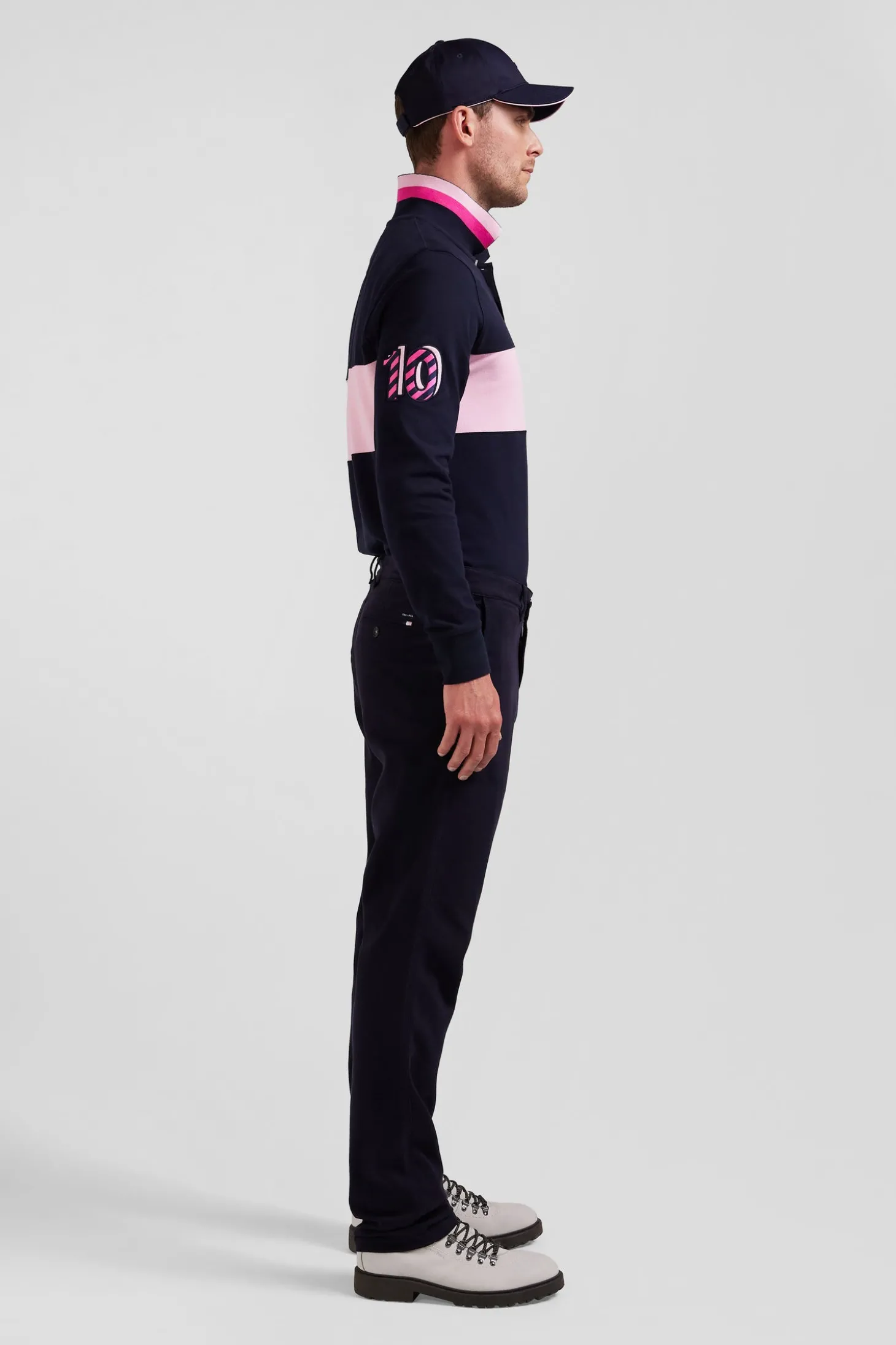 Regular navy blue stretch cotton piqué and modal chino trousers