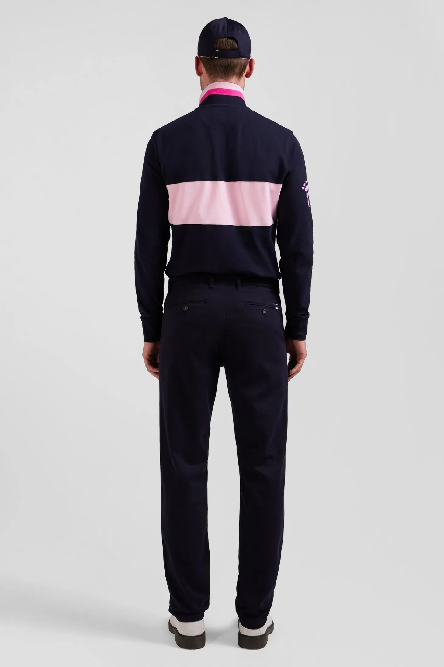 Regular navy blue stretch cotton piqué and modal chino trousers