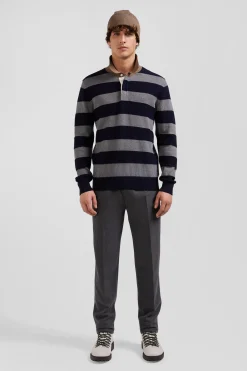 Regular navy blue striped cotton and cashmere jumper with rugby shirt collar