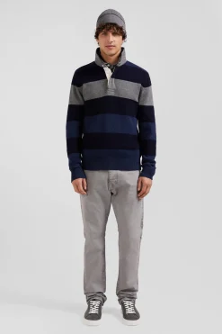 Regular navy blue striped wool and cotton jumper with rugby shirt collar
