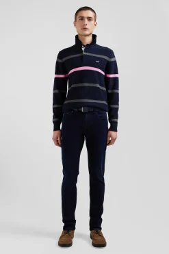 Regular navy blue striped cotton polo neck jumper