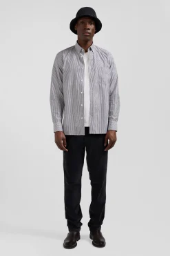 Regular navy blue striped cotton jacquard shirt