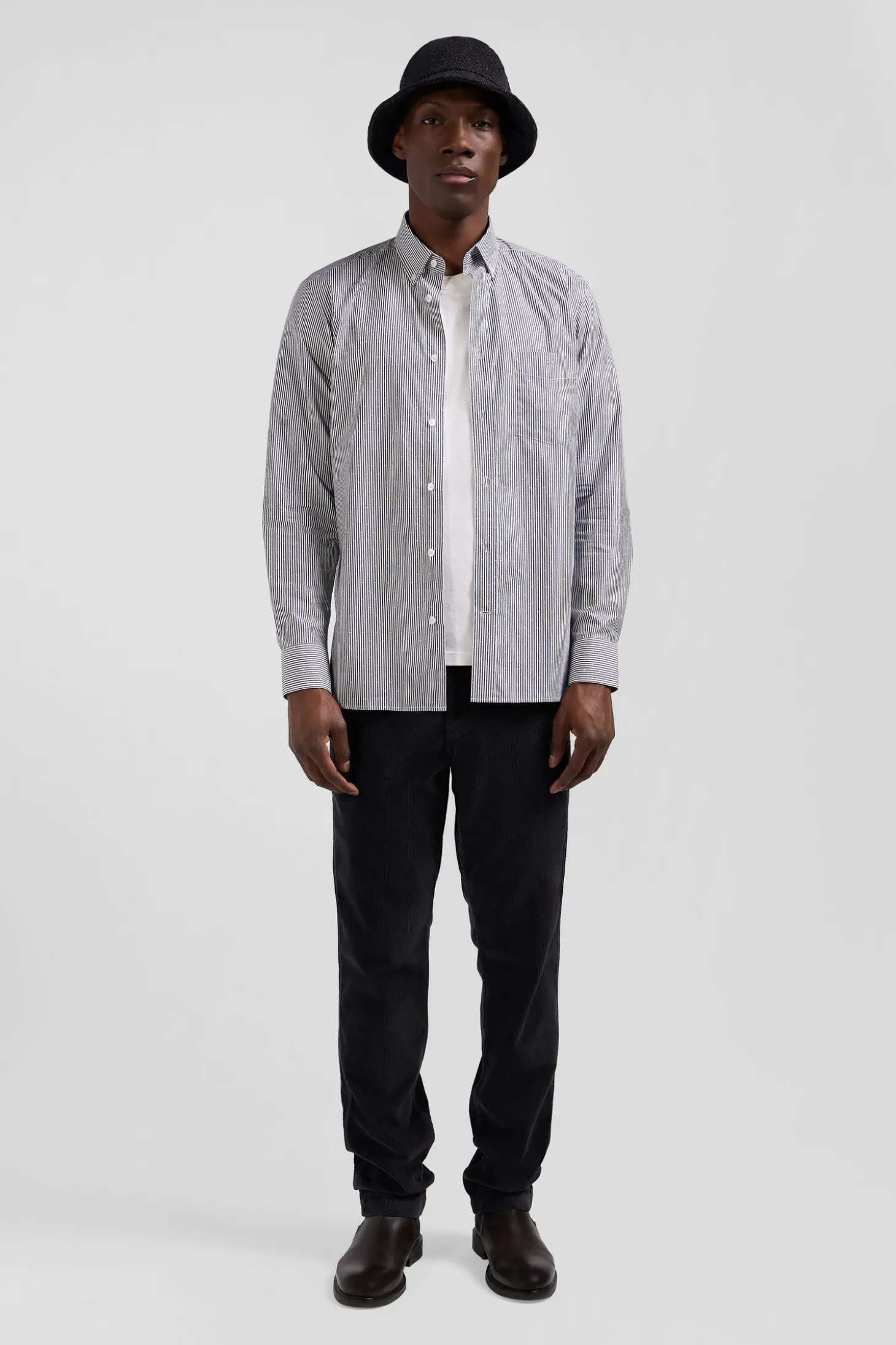 Regular navy blue striped cotton jacquard shirt