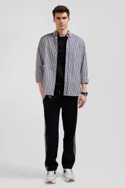 Regular navy blue striped cotton poplin shirt