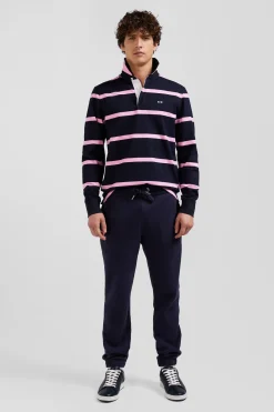 Regular navy blue striped long-sleeved cotton rugby shirt with back embroidery