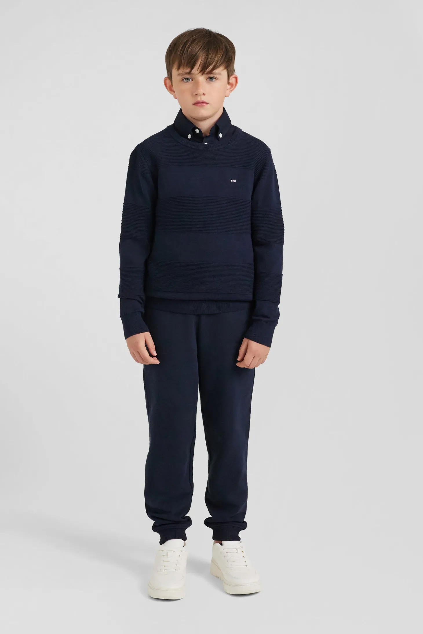 Regular navy blue striped cotton crew neck jumper