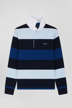 Regular navy blue striped long-sleeved cotton rugby shirt