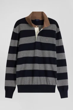 Regular navy blue striped cotton and cashmere jumper with rugby shirt collar