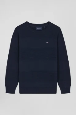 Regular navy blue striped cotton crew neck jumper