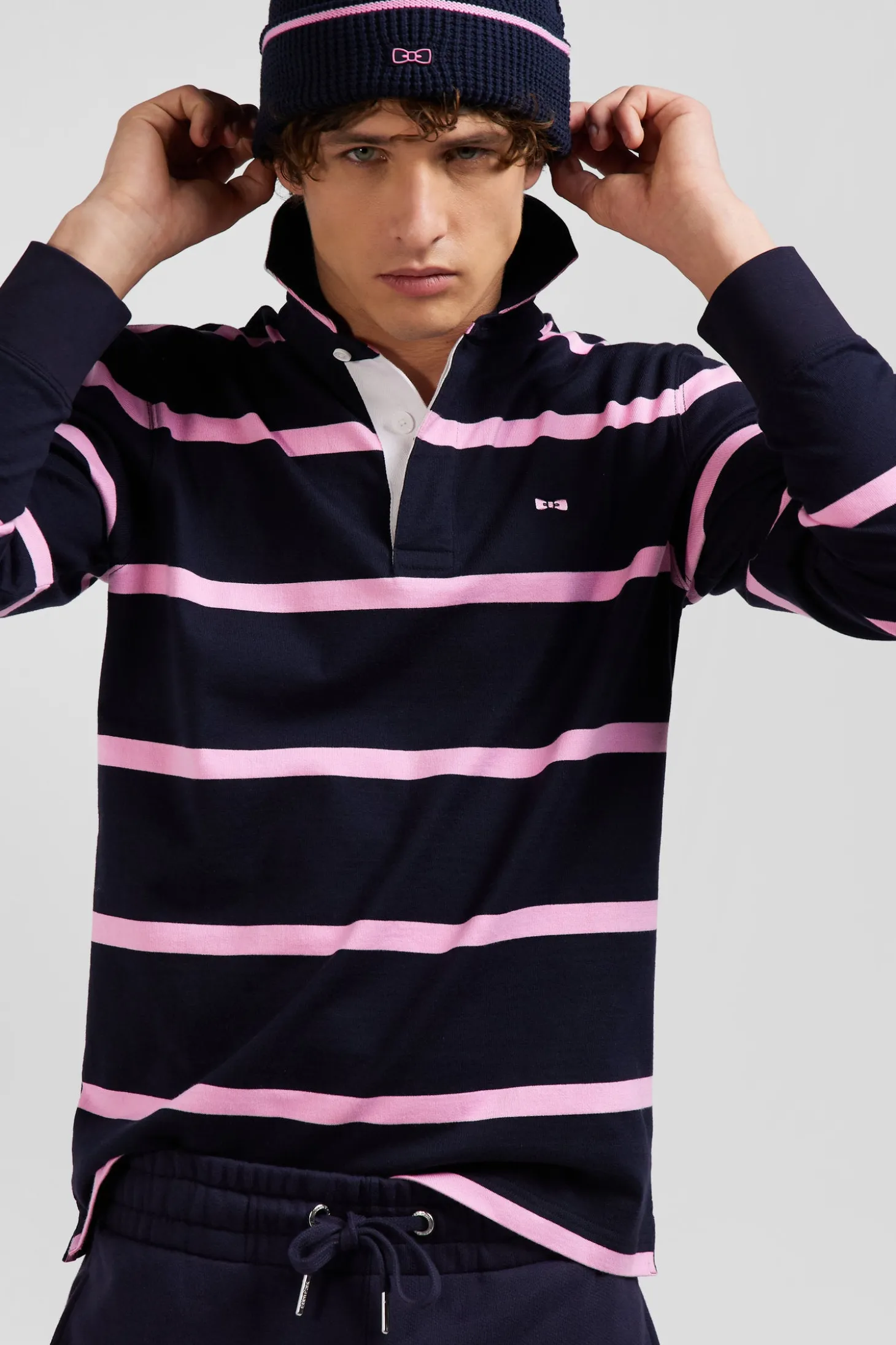 Regular navy blue striped long-sleeved cotton rugby shirt with back embroidery