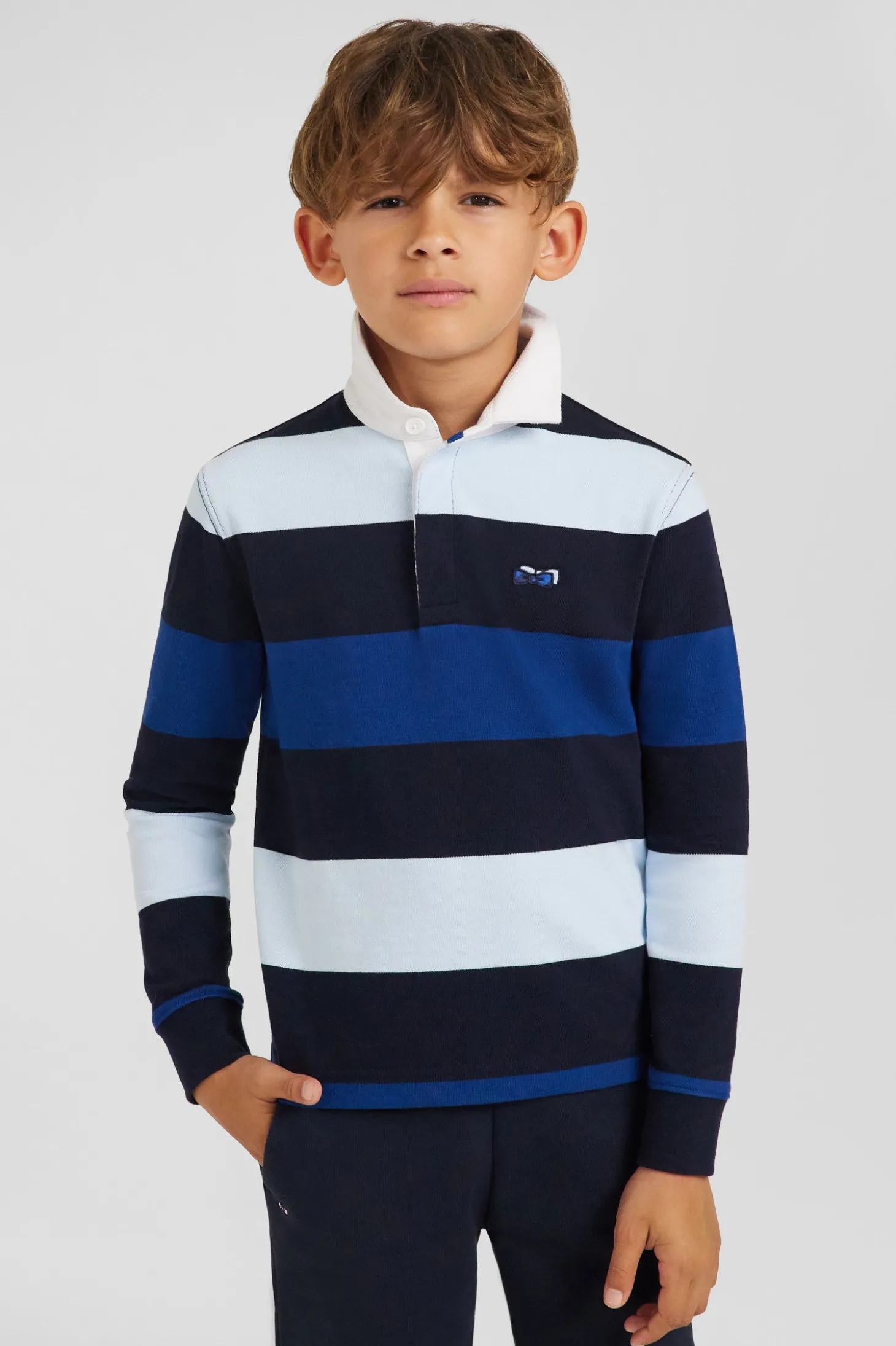 Regular navy blue striped long-sleeved cotton rugby shirt