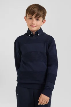 Regular navy blue striped cotton crew neck jumper